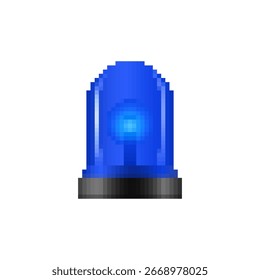 Mosaic pixel design of a blue warning light with a glowing center, capturing iconic emergency style.