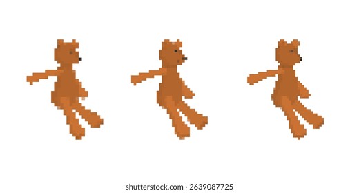 Mosaic pixel design of three brown teddy bears standing side by side with retro video game charm.
