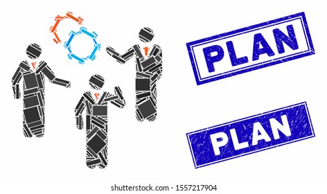 Mosaic plan icon and rectangle seal stamps. Flat vector plan mosaic icon of randomized rotated rectangle elements. Blue caption seals with corroded textures.