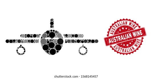 Mosaic plane and distressed stamp seal with Australian Wine phrase. Mosaic vector is formed with plane icon and with random spheric spots. Australian Wine seal uses red color, and grunged design.