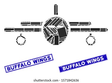 Mosaic plane icon and rectangular Buffalo Wings rubber prints. Flat vector plane mosaic icon of scattered rotated rectangle items. Blue Buffalo Wings rubber stamps with dirty textures.