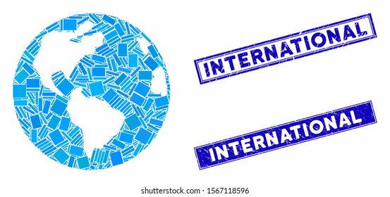 Mosaic planet Earth pictogram and rectangle stamps. Flat vector planet Earth mosaic pictogram of randomized rotated rectangle items. Blue caption seal stamps with grunge surface.