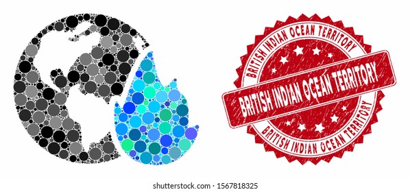 Mosaic planet flame and corroded stamp seal with British Indian Ocean Territory text. Mosaic vector is composed with planet flame icon and with randomized circle spots.