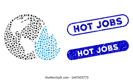 Mosaik Planet Flamme und bedrückte Stempel Siegel mit Hot Jobs Phrase. Die Flamme des Mosaikplaneten Vektorillustration besteht aus zufälligen elliptischen Punkten. Heiße Jobs Siegel verwenden blaue Farbe und haben runde Rechteckform.