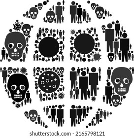Mosaic planet globe designed from covid virus icons and men and skeleton items. Pandemic virus planet globe mosaic composed with circle and carved shape. Mosaics are designed for clinic projects.