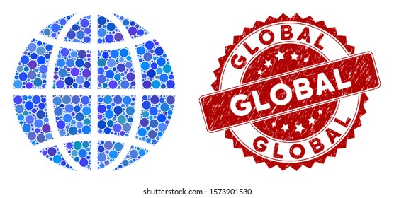 Mosaic planet globe and round seal stamp. Flat vector planet globe mosaic of randomized round items. Red stamp imprint with corroded texture. Designed for political and patriotic promotion.