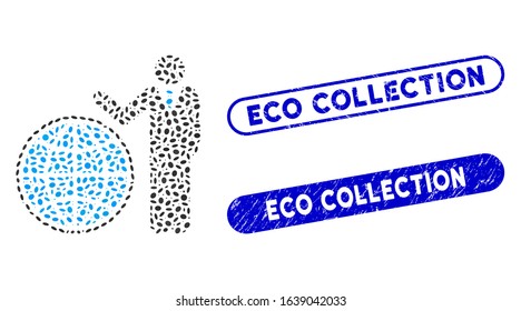 Mosaic planetary manager and corroded stamp seals with Eco Collection text. Mosaic vector planetary manager is formed with scattered oval parts. Eco Collection stamp seals use blue color,