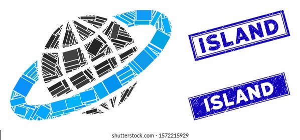 Mosaic planetary ring icon and rectangle Island seals. Flat vector planetary ring mosaic pictogram of scattered rotated rectangle elements. Blue Island rubber stamps with rubber texture.