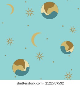 Mosaic planets and gold crescent moons and stars on a pale blue background. Celestial theme. Seamless repeat vector pattern.