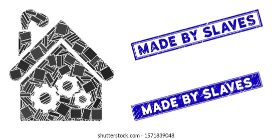 Mosaic plant building icon and rectangular Made by Slaves seal stamps. Flat vector plant building mosaic icon of scattered rotated rectangle elements.