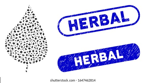 Mosaic plant leaf and grunge stamp seals with Herbal caption. Mosaic vector plant leaf is designed with randomized oval pieces. Herbal stamp seals use blue color, and have round rectangle shape.