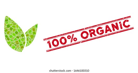 Icono de hojas de plantas mosaicas y letra roja 100 Percent Hule Orgánica entre líneas dobles paralelas. Planta plana vectorial da un icono de mosaico de elementos rectangulares rotados aleatoriamente.