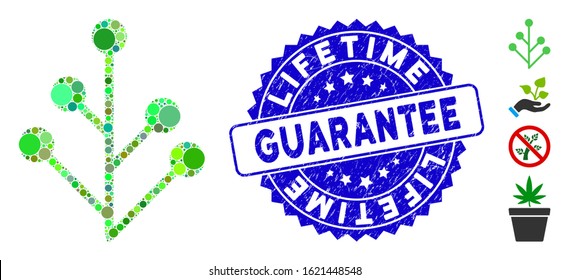 Mosaic Plant Sprout Icon And Corroded Stamp Seal With Lifetime Guarantee Phrase. Mosaic Vector Is Formed With Plant Sprout Icon And With Random Round Elements.