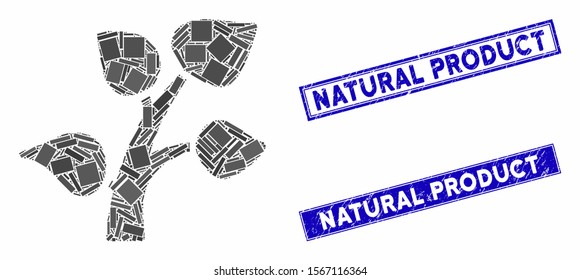 Mosaic plant sprout pictogram and rectangular seals. Flat vector plant sprout mosaic pictogram of scattered rotated rectangular elements. Blue caption seals with rubber surface.