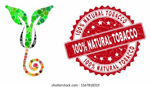 Mosaic plant sprout and rubber stamp seal with 100% Natural Tobacco text. Mosaic vector is created with plant sprout icon and with random spheric items. 100% Natural Tobacco stamp seal uses red color,