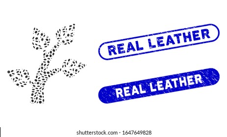 Mosaic plant tree and rubber stamp seals with Real Leather phrase. Mosaic vector plant tree is designed with random oval parts. Real Leather stamp seals use blue color, and have round rectangle shape.
