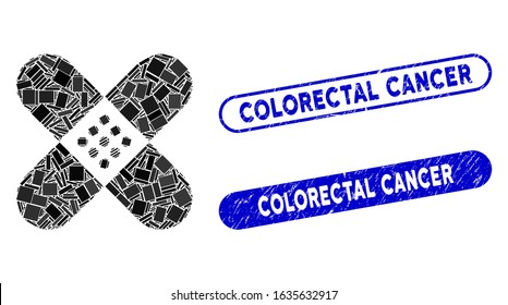 Mosaic plaster and rubber stamp watermarks with Colorectal Cancer caption. Mosaic vector plaster is composed with scattered rectangle items. Colorectal Cancer stamp seals use blue color,