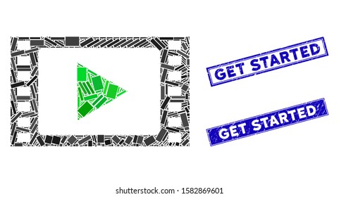 Mosaic play movie icon and rectangular Get Started watermarks. Flat vector play movie mosaic icon of randomized rotated rectangular elements. Blue Get Started watermarks with scratched texture.