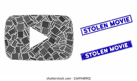 Mosaic play video pictogram and rectangular seals. Flat vector play video mosaic pictogram of random rotated rectangular items. Blue caption watermarks with rubber surface.