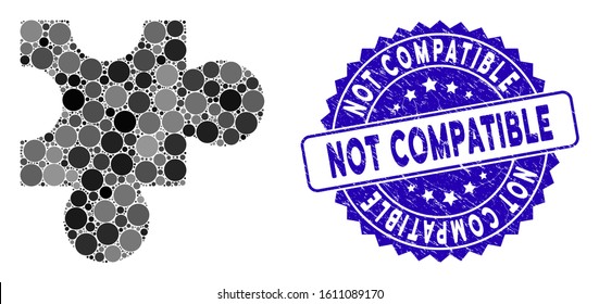 Mosaic plugin icon and distressed stamp seal with Not Compatible phrase. Mosaic vector is designed from plugin icon and with scattered spheric items. Not Compatible stamp seal uses blue color,