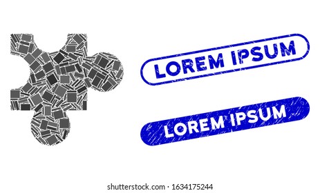 Mosaic plugin and rubber stamp seals with Lorem Ipsum caption. Mosaic vector plugin is designed with randomized rectangle items. Lorem Ipsum seals use blue color, and have round rectangle shape.