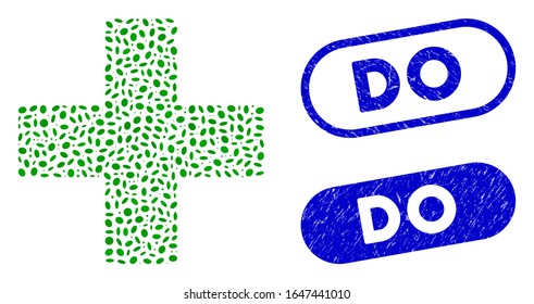 Mosaic plus and corroded stamp seals with Do caption. Mosaic vector plus is created with randomized oval pieces. Do stamp seals use blue color, and have round rectangle shape.