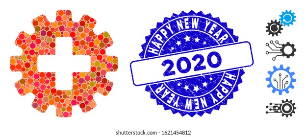 Mosaic plus gear icon and distressed stamp seal with Happy New Year 2020 phrase. Mosaic vector is composed from plus gear icon and with scattered circle elements.