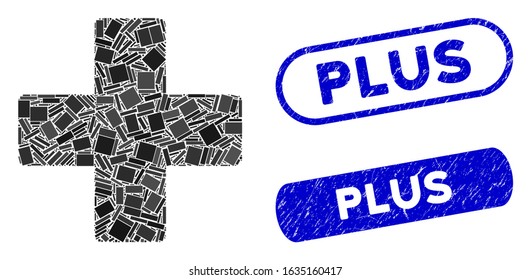 Mosaic plus and grunge stamp seals with Plus caption. Mosaic vector plus is composed with random rectangles. Plus seals use blue color, and have round rectangle shape.