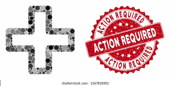 Mosaic plus and grunge stamp watermark with Action Required text. Mosaic vector is composed with plus icon and with scattered spheric elements. Action Required stamp seal uses red color,