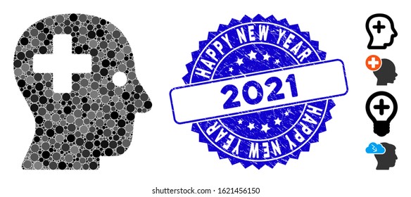 Mosaic plus head icon and corroded stamp seal with Happy New Year 2021 caption. Mosaic vector is formed with plus head icon and with random spheric items. Happy New Year 2021 stamp uses blue color,