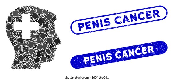 Mosaic plus man head and distressed stamp seals with Penis Cancer phrase. Mosaic vector plus man head is composed with scattered rectangle items. Penis Cancer stamp seals use blue color,