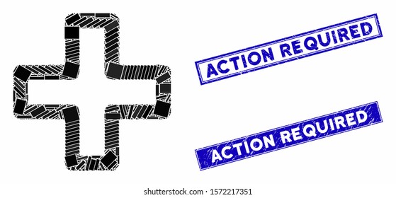 Mosaic plus pictogram and rectangle Action Required seal stamps. Flat vector plus mosaic icon of random rotated rectangle elements. Blue Action Required seal stamps with distress texture.