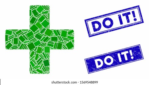 Mosaic plus pictogram and rectangle watermarks. Flat vector plus mosaic pictogram of randomized rotated rectangle elements. Blue caption seal stamps with dirty surface.
