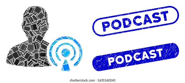 Mosaic podcast creator and rubber stamp seals with Podcast phrase. Mosaic vector podcast creator is formed with scattered rectangle items. Podcast stamp seals use blue color,