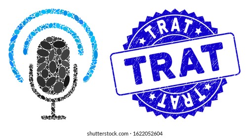 Mosaic podcast icon and distressed stamp watermark with Trat text. Mosaic vector is designed with podcast icon and with scattered elliptic elements. Trat stamp seal uses blue color,