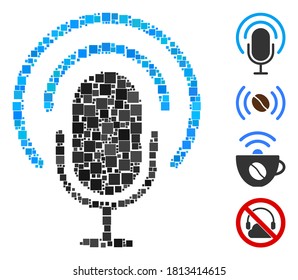 Mosaic Podcast icon united from square items in variable sizes and color hues. Vector square items are composed into abstract illustration podcast icon. Bonus pictograms are placed.