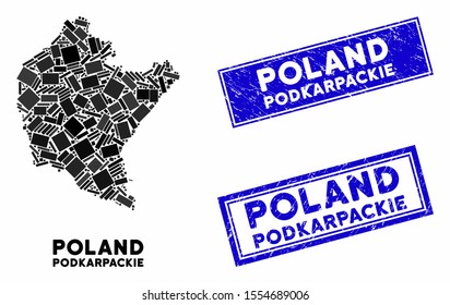 Mosaic Podkarpackie Voivodeship map and rectangle seal stamps. Flat vector Podkarpackie Voivodeship map mosaic of scattered rotated rectangular elements.