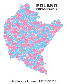 Mosaic Podkarpackie Voivodeship map of valentine hearts in pink and blue colors isolated on a white background. Lovely heart collage in shape of Podkarpackie Voivodeship map.