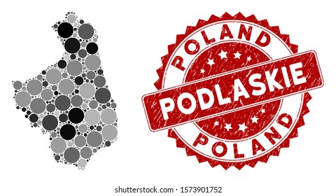 Mosaic Podlaskie Voivodeship map and circle seal stamp. Flat vector Podlaskie Voivodeship map mosaic of randomized circle elements. Red seal stamp with grunge texture.
