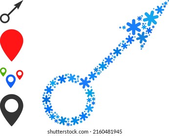 Mosaic point direction icon is organized for winter, New Year, Christmas. Point direction icon mosaic is composed with light blue snow elements. Some similar icons are added.