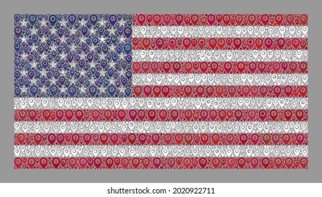 Mosaic pointer USA flag designed with cursor elements. Vector collage rectangle USA flag constructed for cartography advertisement. USA flag collage is constructed with random position items.