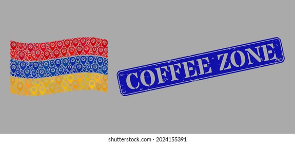 Puntero mosaico ondeando la bandera de Armenia diseñada con elementos del cursor, con la insignia rectangular de la zona del café de color azul gris. Bandera de Armenia ventosa de mosaico vectorial diseñada para propaganda geográfica.