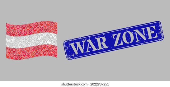 Mosaic pointer waving Austria flag designed with map items, with grunge blue rectangle War Zone stamp seal. Vector mosaic waving Austria flag organized for navigation illustrations.
