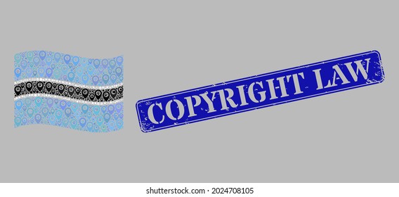 Mosaic pointer waving Botswana flag designed of point icons, with distress blue rectangular Copyright Law stamp. Vector collage waving Botswana flag designed for cartography propaganda.