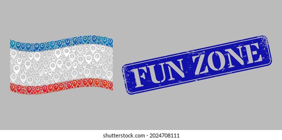 Mosaic pointer waving Crimea flag created with direction items, with textured blue rectangle Fun Zone stamp. Vector collage windy Crimea flag combined for cartography purposes.
