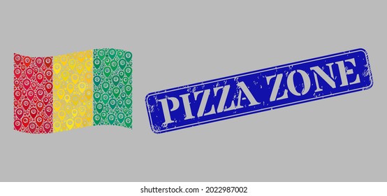 Mosaic pointer waving Guinea flag constructed with map elements, with grunge blue rectangle Pizza Zone seal. Vector mosaic waving Guinea flag organized for geotargeting posters.