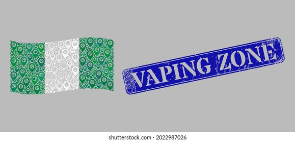Mosaic pointer waving Nigeria flag designed with mark icons, with textured blue rectangle Vaping Zone stamp seal. Vector collage waving Nigeria flag organized for geographic purposes.