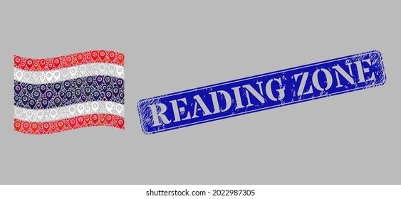 Puntero mosaico ondeando la bandera de Tailandia diseñada con elementos de posición, con sello de zona de lectura rectángulo azul texturado. Collage vectorial ondeando la bandera de Tailandia creada para ilustraciones de caricatura.