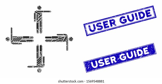 Mosaic pointing men pictogram and rectangle rubber prints. Flat vector pointing men mosaic pictogram of scattered rotated rectangle items. 
