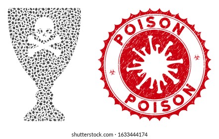Mosaic poison cup icon and red round grunge stamp watermark with Poison text and coronavirus symbol. Mosaic vector is formed with poison cup icon and with scattered oval elements.